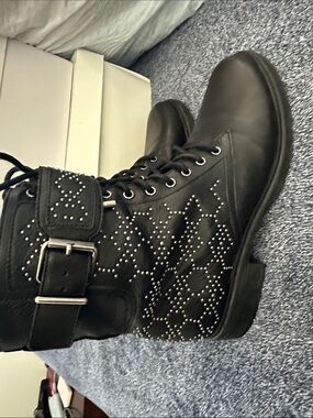 Vince Camuto Black Studded Lace-Up Combat Boots with Buckle